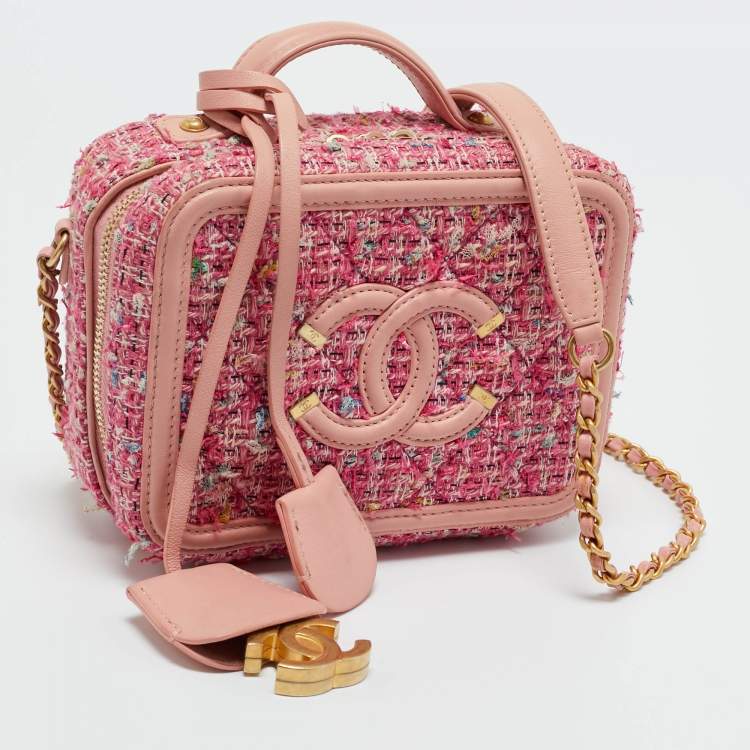 Pre Owned Chanel Pink Quilted Tweed and Leather Small CC Filigree Vanity Case Bag