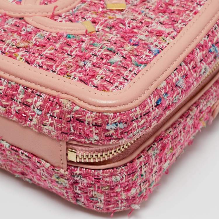 Pre Owned Chanel Pink Quilted Tweed and Leather Small CC Filigree Vanity Case Bag
