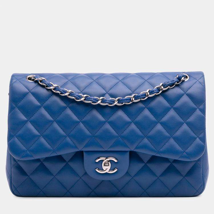 Pre Owned Chanel Classic Jumbo Double Flap Blue Lambskin Leather Shoulder Bag