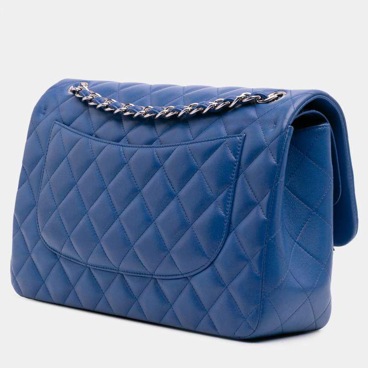Pre Owned Chanel Classic Jumbo Double Flap Blue Lambskin Leather Shoulder Bag
