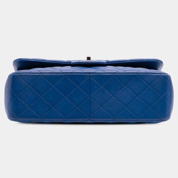 Pre Owned Chanel Classic Jumbo Double Flap Blue Lambskin Leather Shoulder Bag