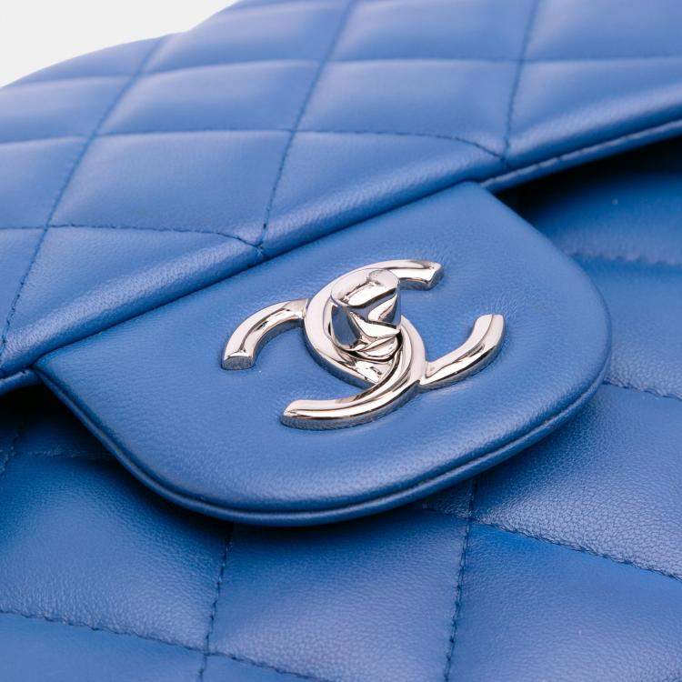 Pre Owned Chanel Classic Jumbo Double Flap Blue Lambskin Leather Shoulder Bag