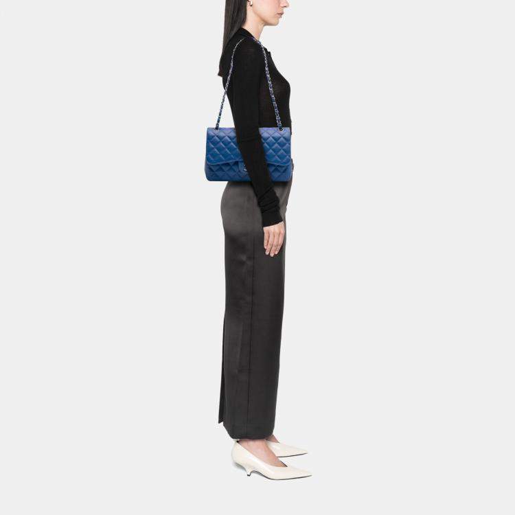 Pre Owned Chanel Classic Jumbo Double Flap Blue Lambskin Leather Shoulder Bag