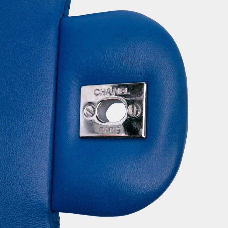 Pre Owned Chanel Classic Jumbo Double Flap Blue Lambskin Leather Shoulder Bag