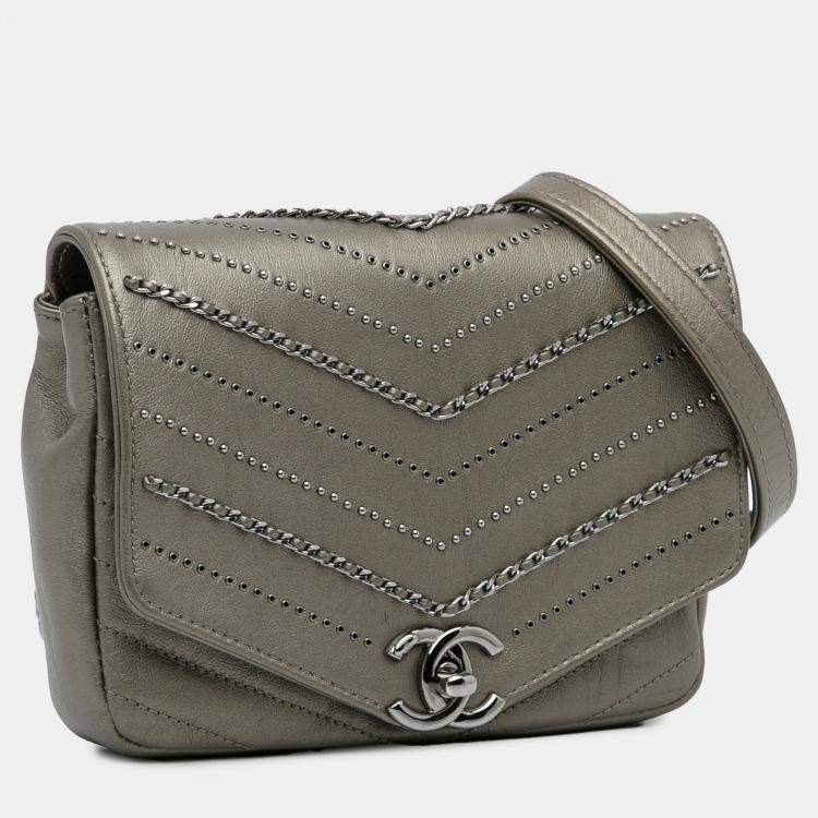Pre Owned Chanel Chevron Square Envelop Flap Gray Embellished Calfskin Leather Shoulder Bag