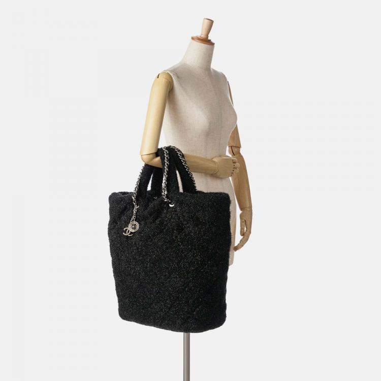 Pre Owned Chanel Pluto Glitter Large Black Quilted Knit Satchel Bag