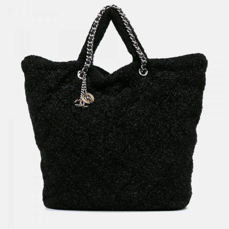 Pre Owned Chanel Pluto Glitter Large Black Quilted Knit Satchel Bag