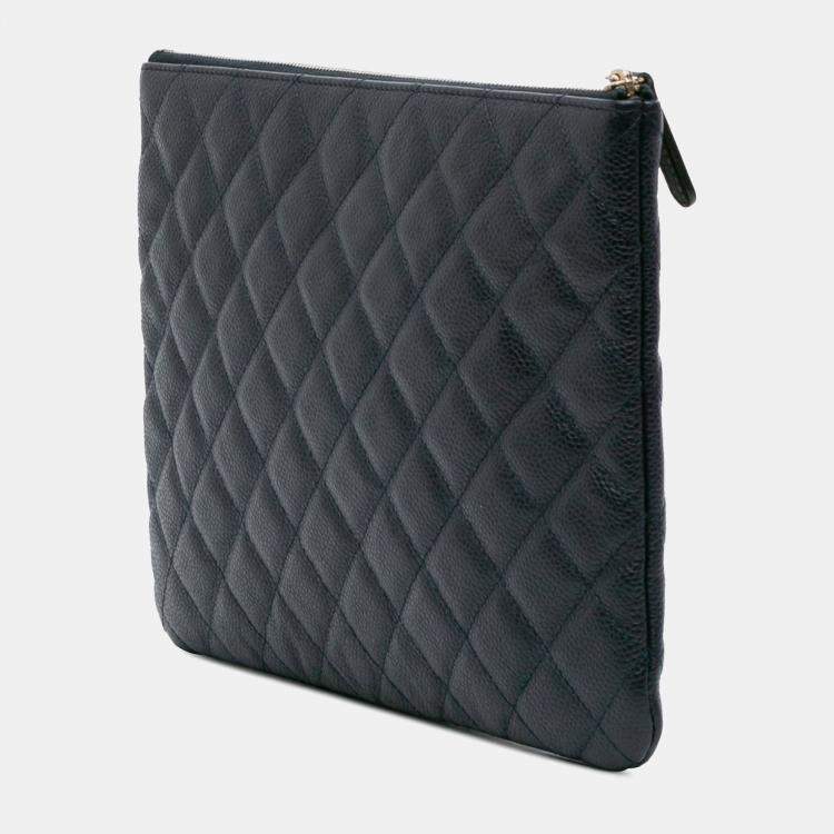 Pre Owned Chanel Navy Blue Medium Quilted Caviar O Case Clutch