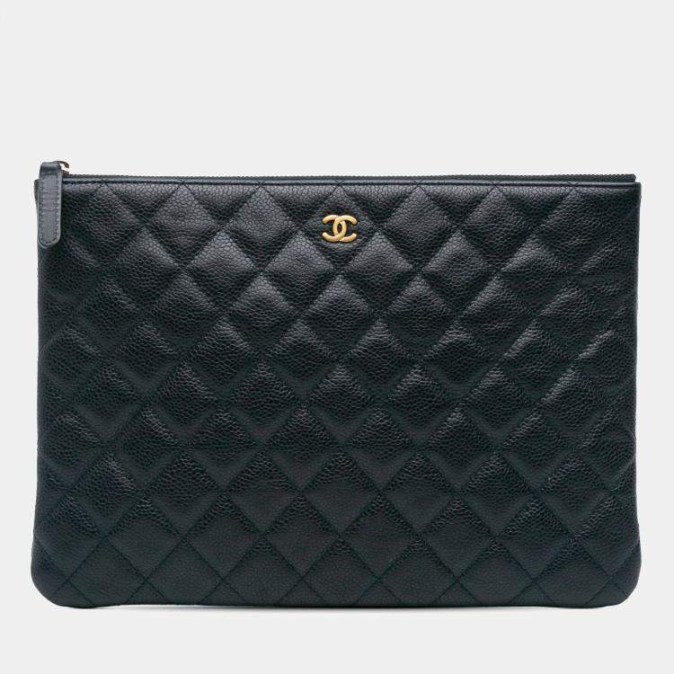 Pre Owned Chanel Navy Blue Medium Quilted Caviar O Case Clutch