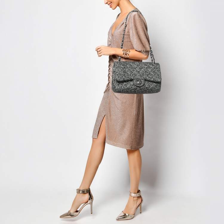 Pre Owned Chanel Black/Grey Quilted Tweed Jumbo Classic Double Flap Bag