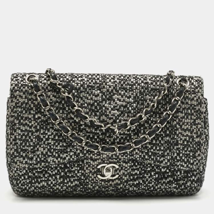Pre Owned Chanel Black/Grey Quilted Tweed Jumbo Classic Double Flap Bag
