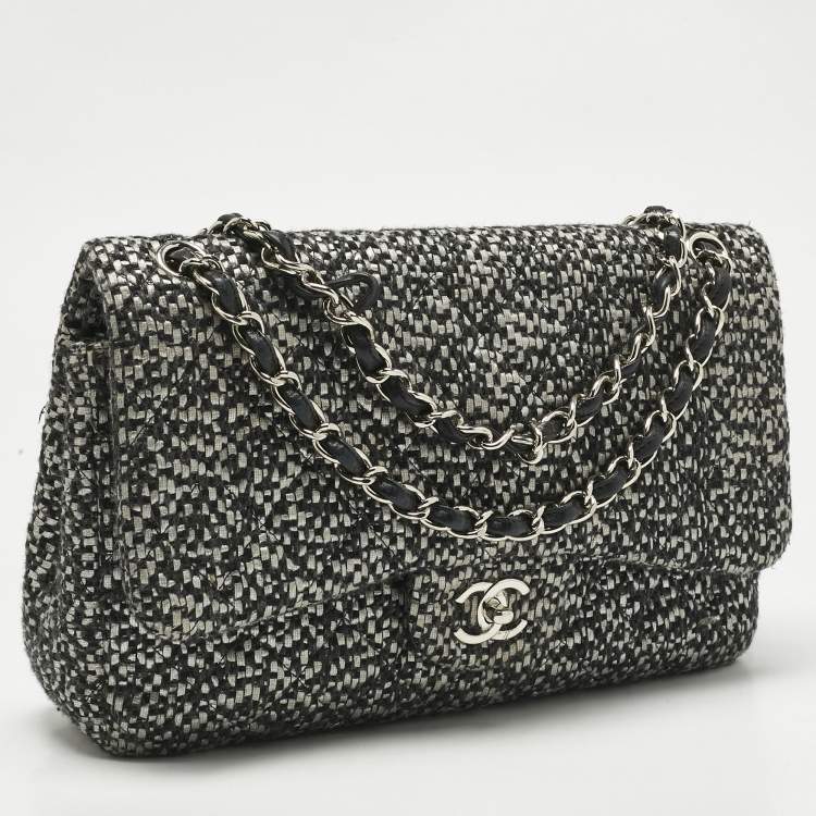 Pre Owned Chanel Black/Grey Quilted Tweed Jumbo Classic Double Flap Bag