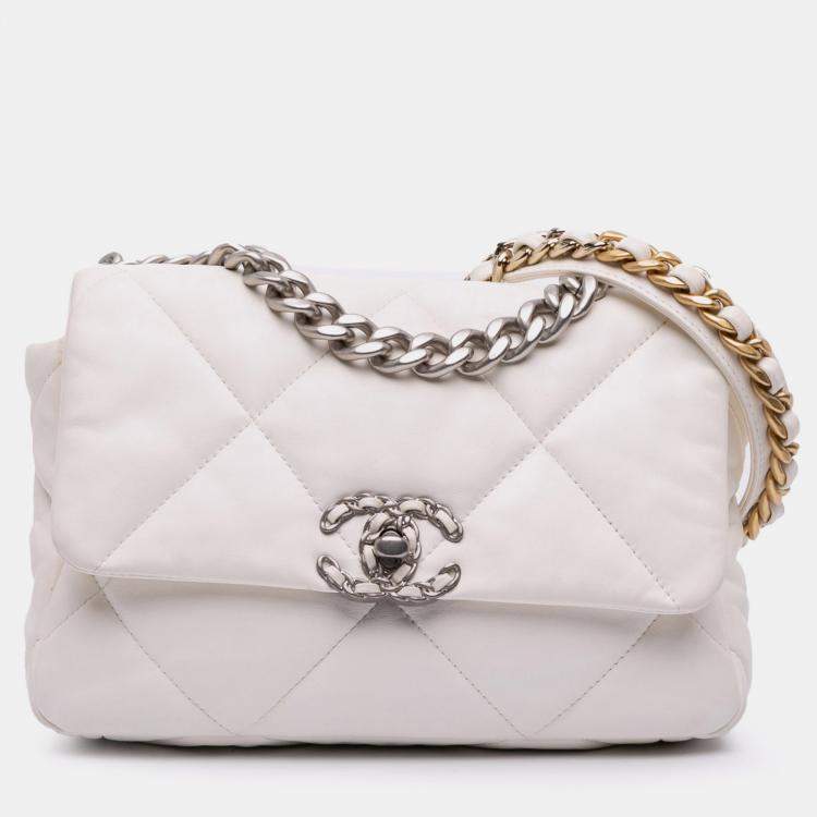 Pre Owned Chanel White Medium Lambskin 19 Flap