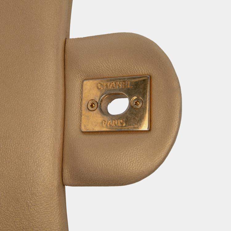 Pre Owned Chanel Gold Mini Quilted Chevron Lambskin Camera Case Flap Bag