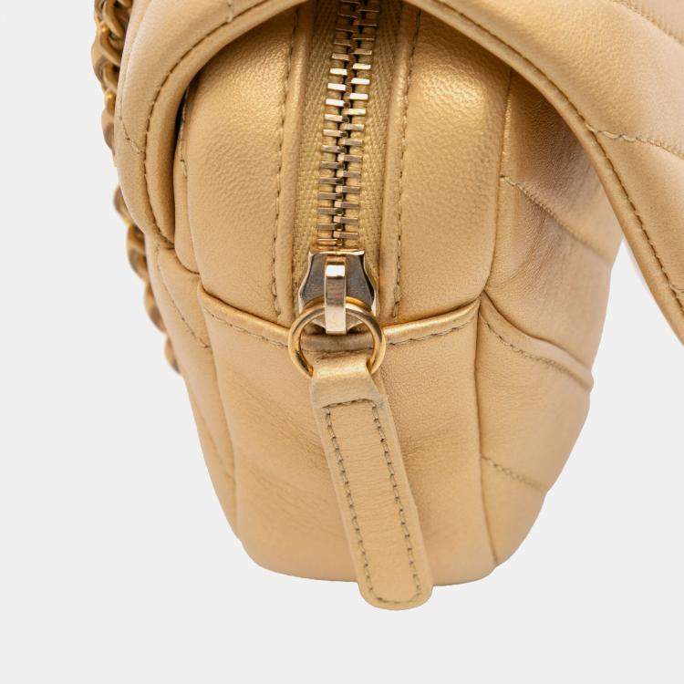 Pre Owned Chanel Gold Mini Quilted Chevron Lambskin Camera Case Flap Bag