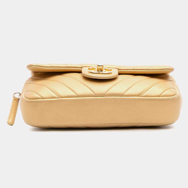 Pre Owned Chanel Gold Mini Quilted Chevron Lambskin Camera Case Flap Bag