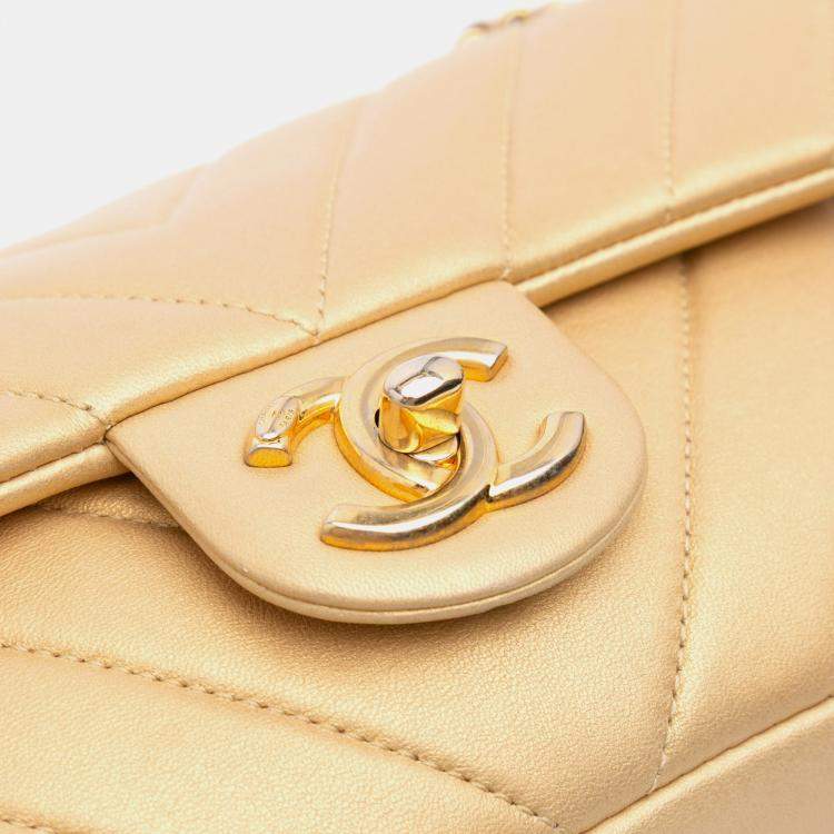 Pre Owned Chanel Gold Mini Quilted Chevron Lambskin Camera Case Flap Bag