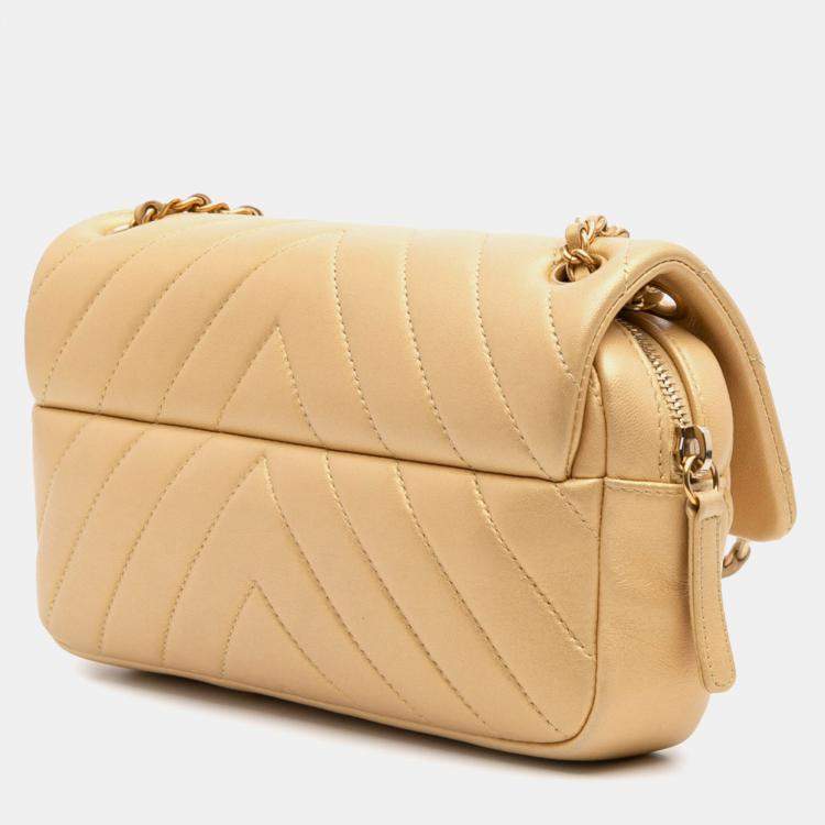 Pre Owned Chanel Gold Mini Quilted Chevron Lambskin Camera Case Flap Bag