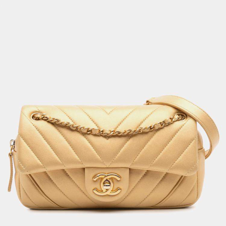 Pre Owned Chanel Gold Mini Quilted Chevron Lambskin Camera Case Flap Bag
