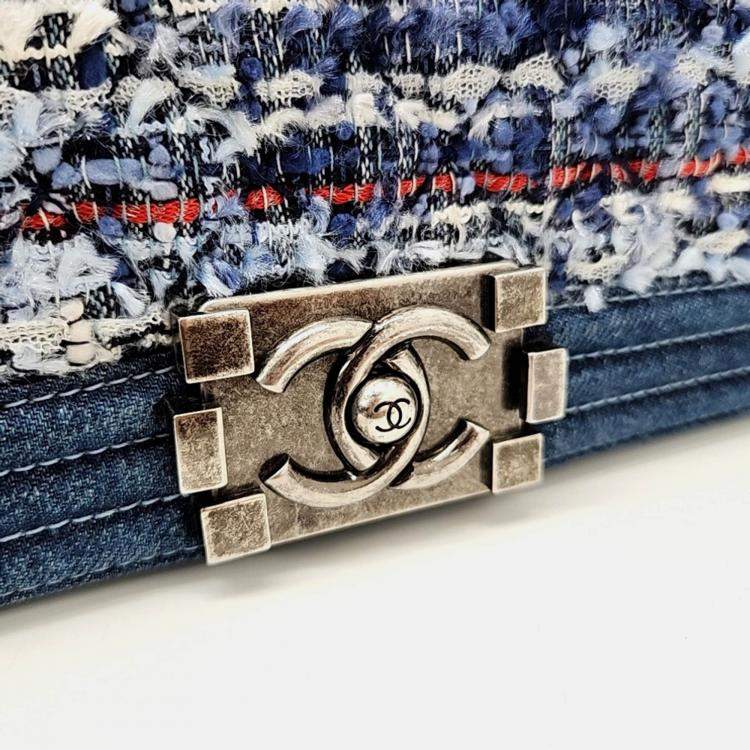 Pre Owned Chanel Multicolor Tweed Denim New Medium Boy Bag