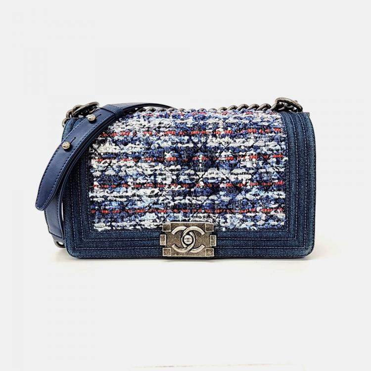 Pre Owned Chanel Multicolor Tweed Denim New Medium Boy Bag