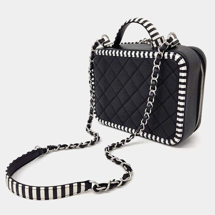 Pre Owned Chanel Black White Leather Caviar Cosmetic Tote and Shoulder Bag