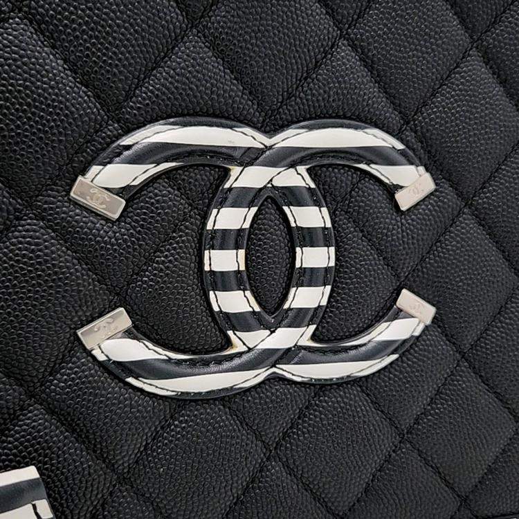 Pre Owned Chanel Black White Leather Caviar Cosmetic Tote and Shoulder Bag