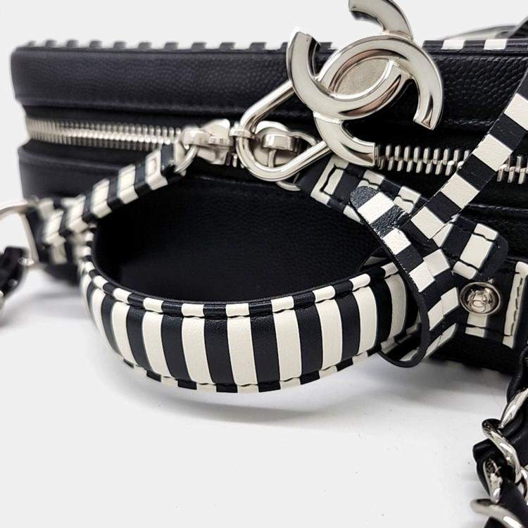 Pre Owned Chanel Black White Leather Caviar Cosmetic Tote and Shoulder Bag