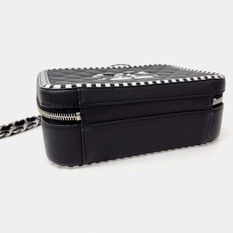 Pre Owned Chanel Black White Leather Caviar Cosmetic Tote and Shoulder Bag