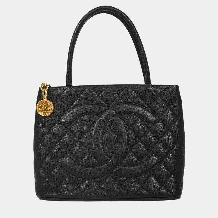 Pre Owned Chanel Black Calfskin Medallion Tote Handbag