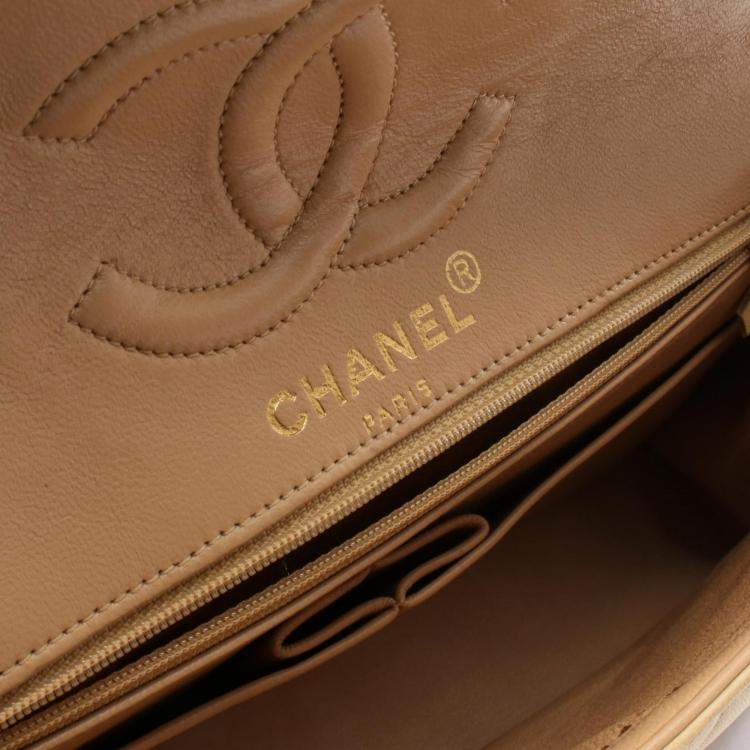 Pre Owned Chanel Double Flap Beige Lambskin Shoulder Bag