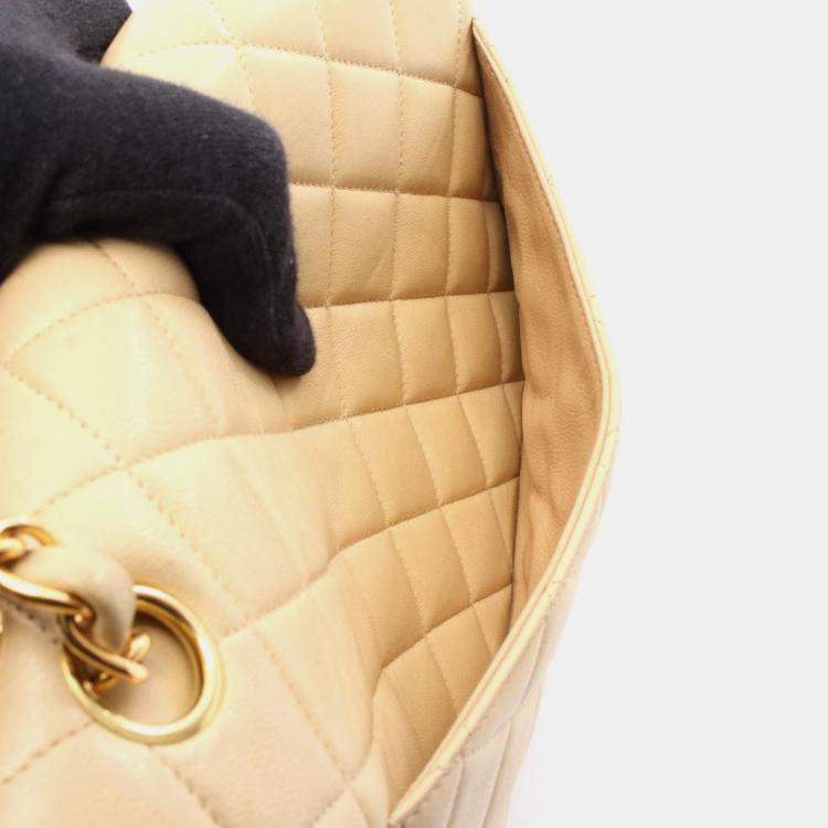 Pre Owned Chanel Double Flap Beige Lambskin Shoulder Bag
