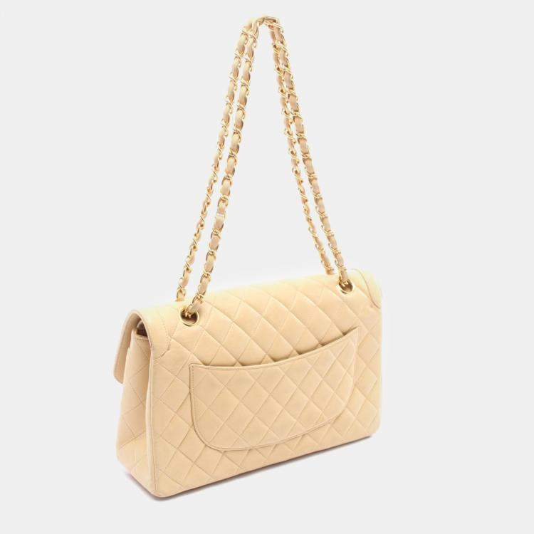 Pre Owned Chanel Double Flap Beige Lambskin Shoulder Bag