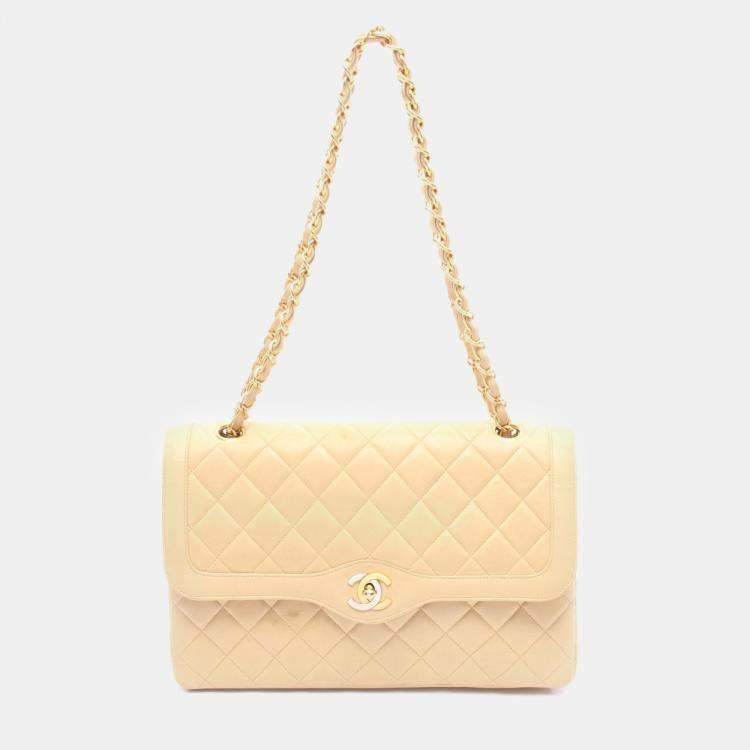 Pre Owned Chanel Double Flap Beige Lambskin Shoulder Bag