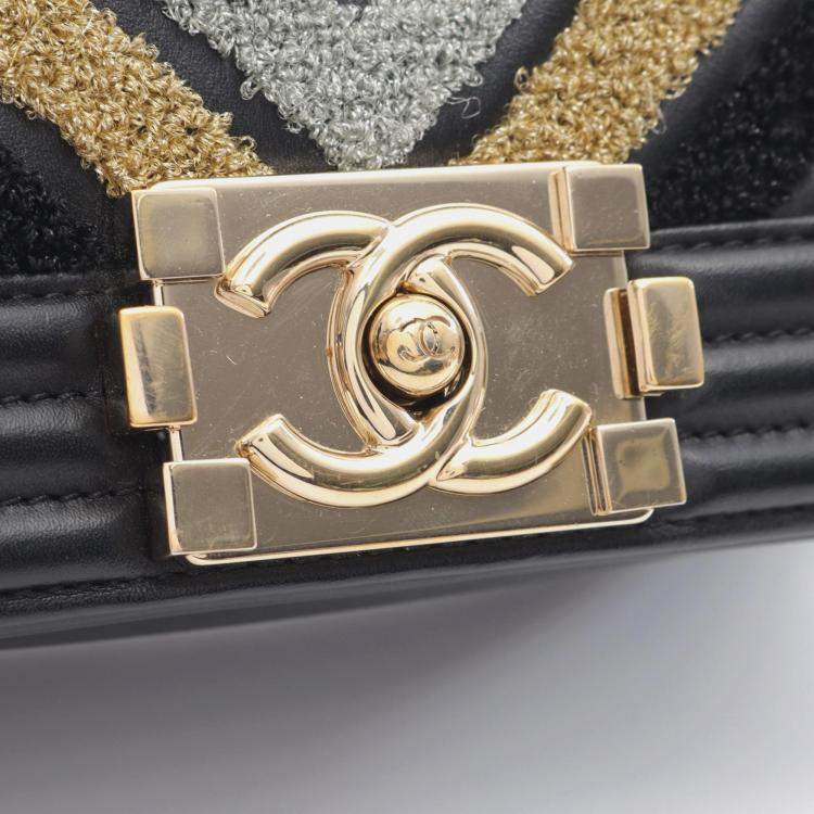 Pre Owned Chanel Boy Small Black Leather Fabric Shoulder Bag