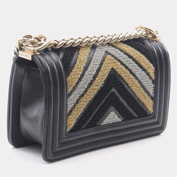Pre Owned Chanel Boy Small Black Leather Fabric Shoulder Bag