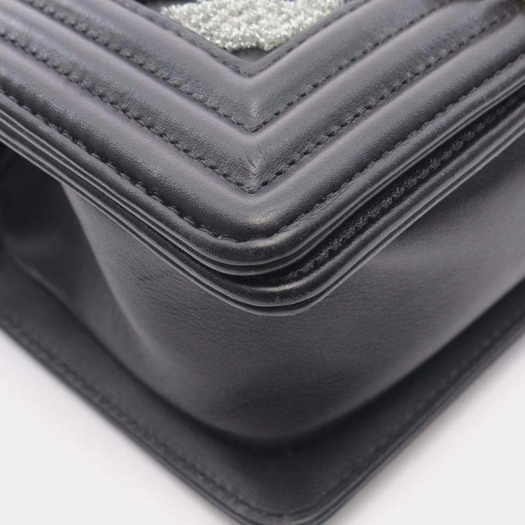 Pre Owned Chanel Boy Small Black Leather Fabric Shoulder Bag