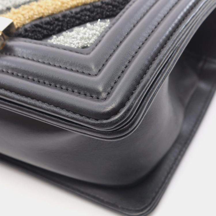 Pre Owned Chanel Boy Small Black Leather Fabric Shoulder Bag