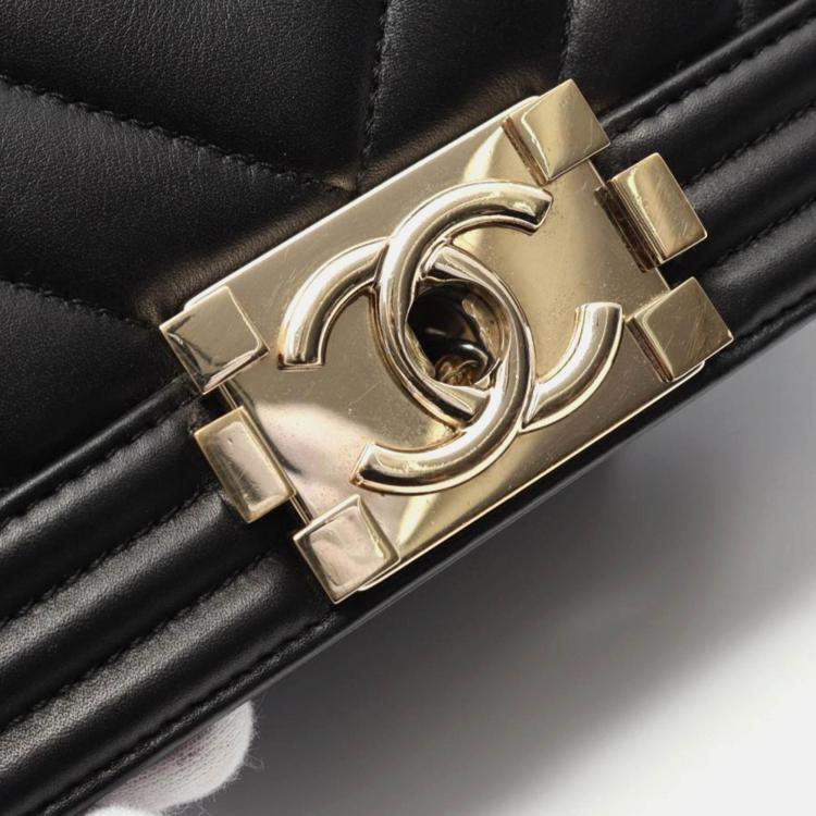 Pre Owned Chanel Boy Small Chevron V Stitch Black Leather Shoulder Bag