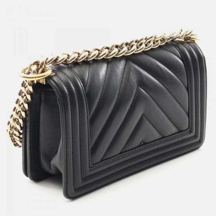 Pre Owned Chanel Boy Small Chevron V Stitch Black Leather Shoulder Bag