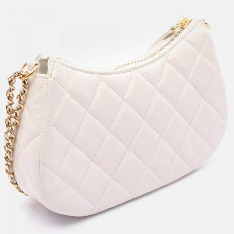 Pre Owned Chanel Matelasse Chain Shoulder Cluch Bag Lambskin White Ghw
