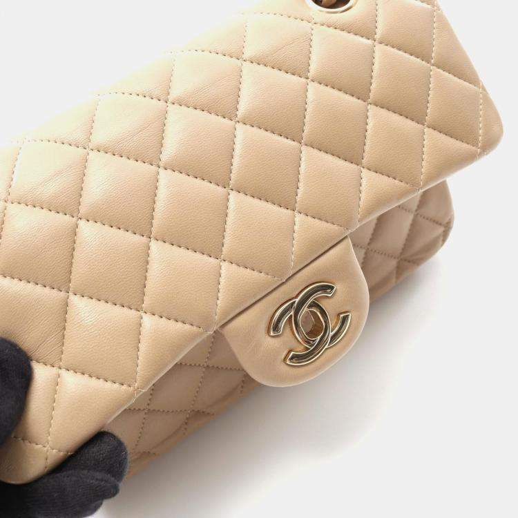 Pre Owned Chanel Classic Double Flap Beige Lambskin Leather Shoulder Bag