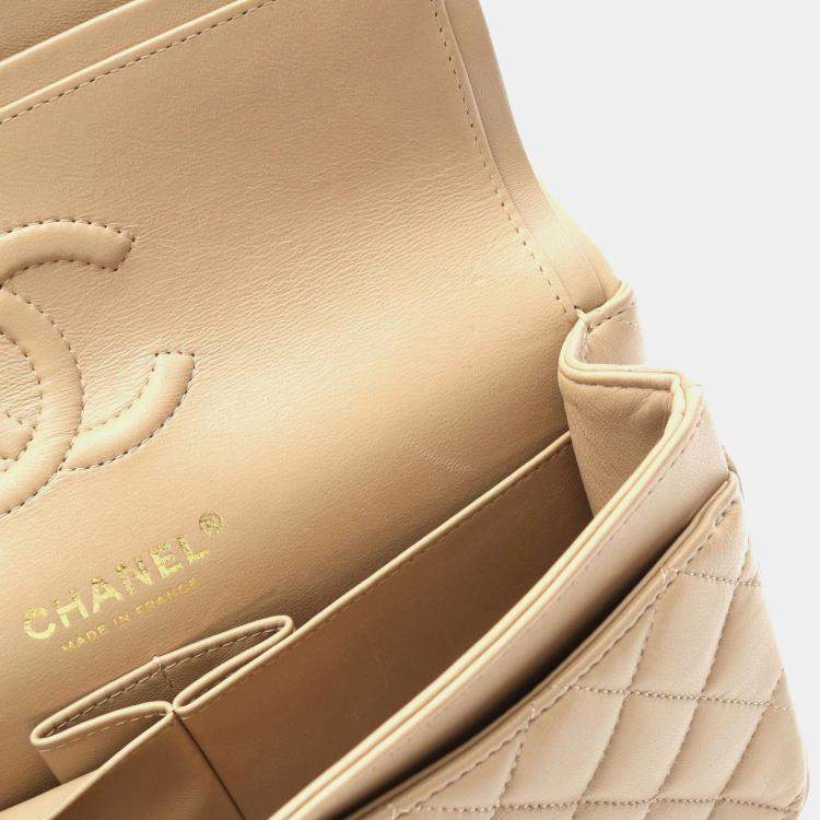 Pre Owned Chanel Classic Double Flap Beige Lambskin Leather Shoulder Bag