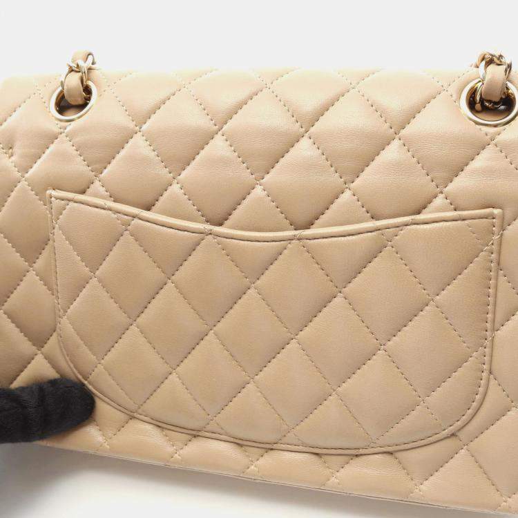 Pre Owned Chanel Classic Double Flap Beige Lambskin Leather Shoulder Bag