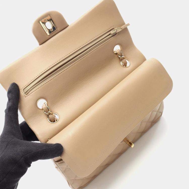 Pre Owned Chanel Classic Double Flap Beige Lambskin Leather Shoulder Bag