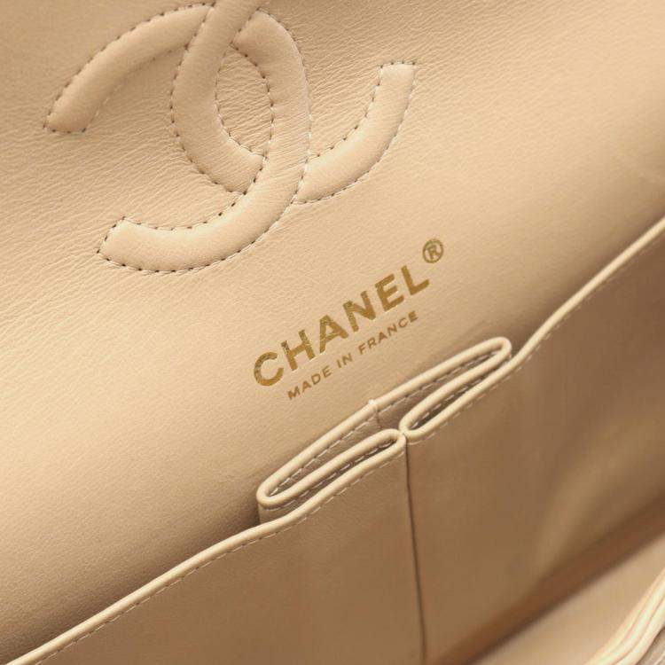 Pre Owned Chanel Classic Double Flap Beige Lambskin Leather Shoulder Bag