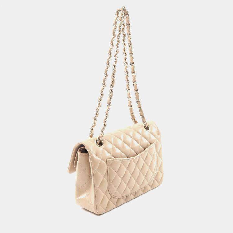 Pre Owned Chanel Classic Double Flap Beige Lambskin Leather Shoulder Bag