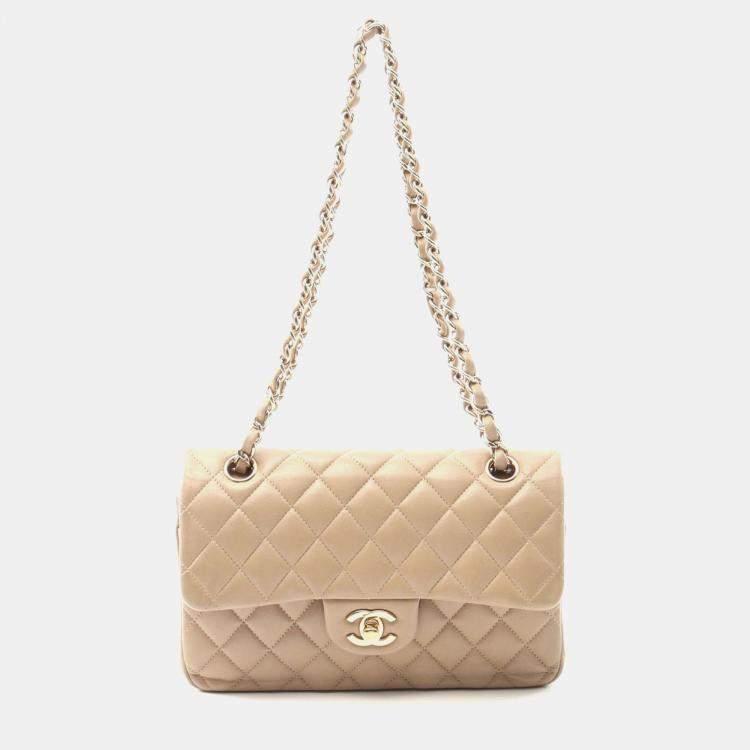 Pre Owned Chanel Classic Double Flap Beige Lambskin Leather Shoulder Bag