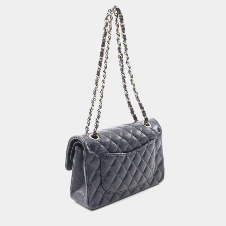 Pre Owned Chanel Matelasse W Flap Chain Shoulder Bag  Leather Navy Ghw Cc