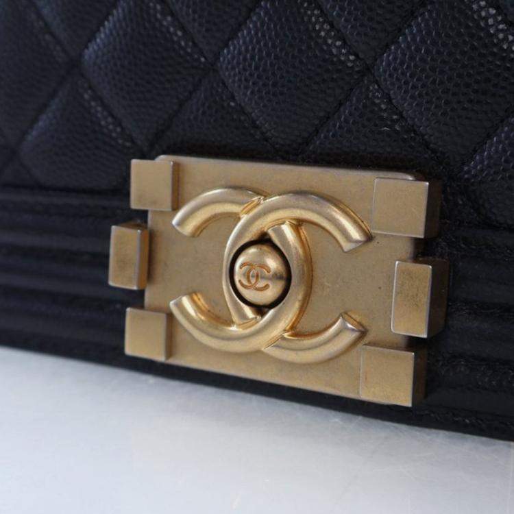 Pre Owned Chanel Boy Small Black Caviar Leather Shoulder Bag